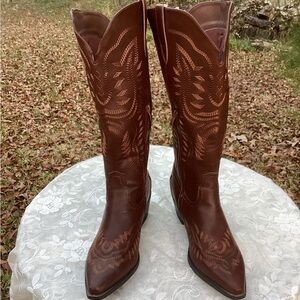 Athlefit Women’s Square Toe Cowgirl Boots Mid Calf Low Chunky Heel Brown Size 11